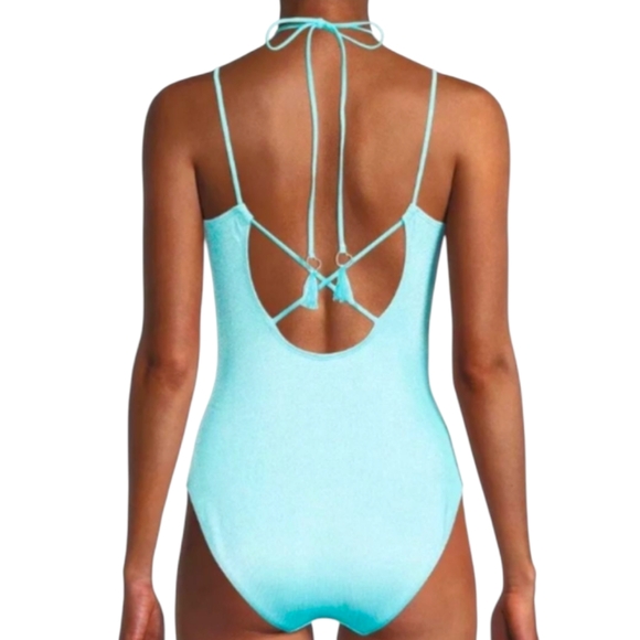 No Boundaries Turquoise Blue Lurex Knit One Piece Swimsuit - Picture 6 of 9
